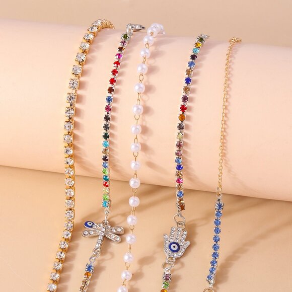 3/$35 5-Piece Charm Bracelet Set Set Evil Eye Dragonfly Pearl Rhinestone Chains - Picture 5 of 8